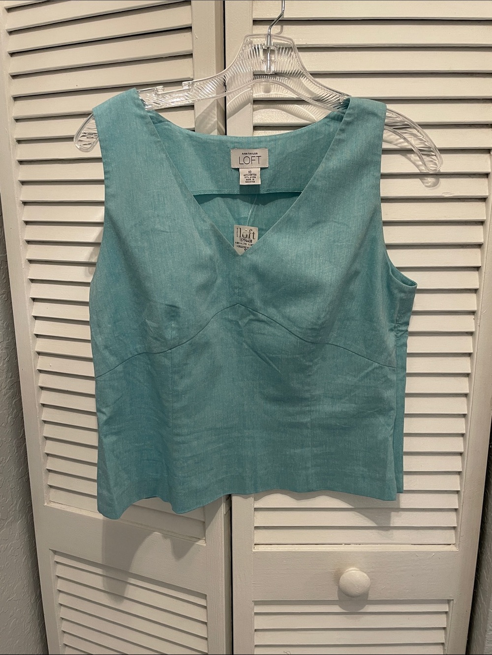 LOFT Teal Sleeveless V-Neck Linen-Blend Tank